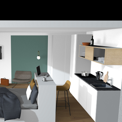 Einblick in eine mögliche Gestaltung des Wohnraums eines Apartments